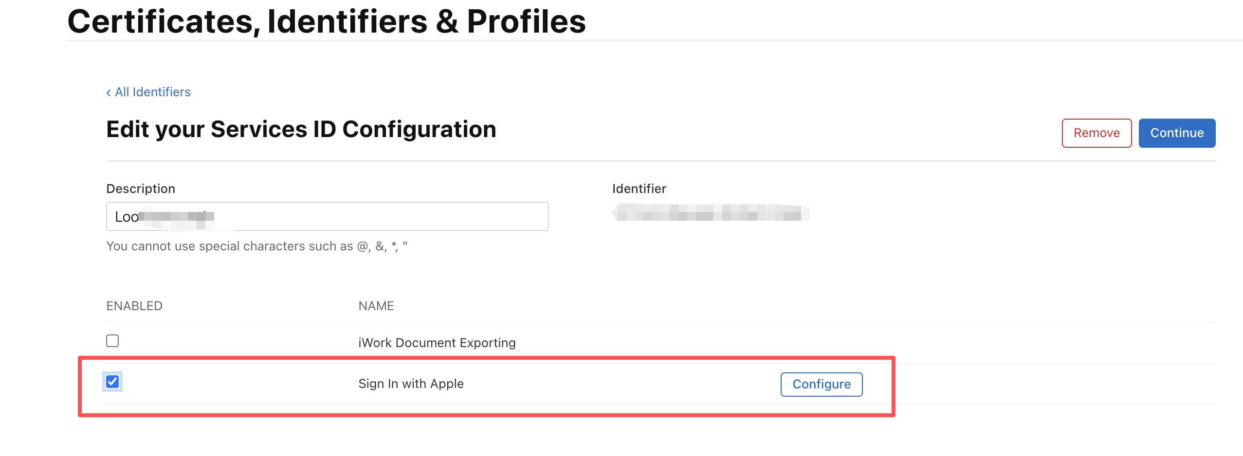 eanble service id sign in with apple