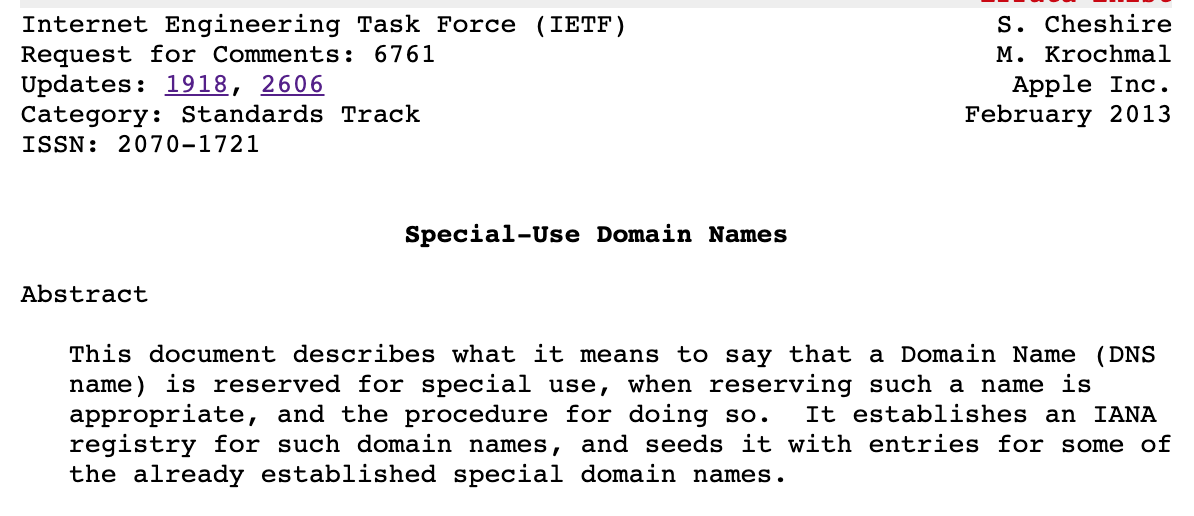 rfc6761特殊用途的预留域名